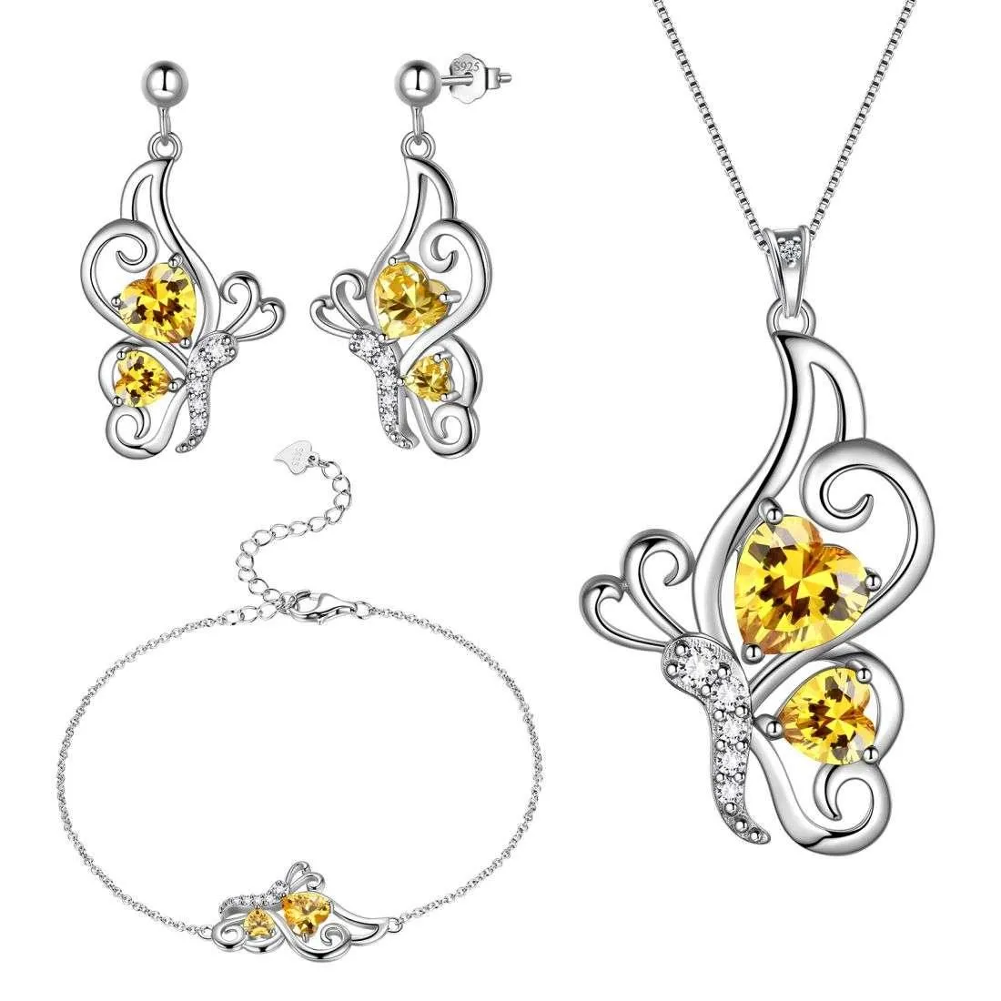 Butterfly Birthstone November Citrine Jewelry Set 4PCS Women Girls Birthday Gift