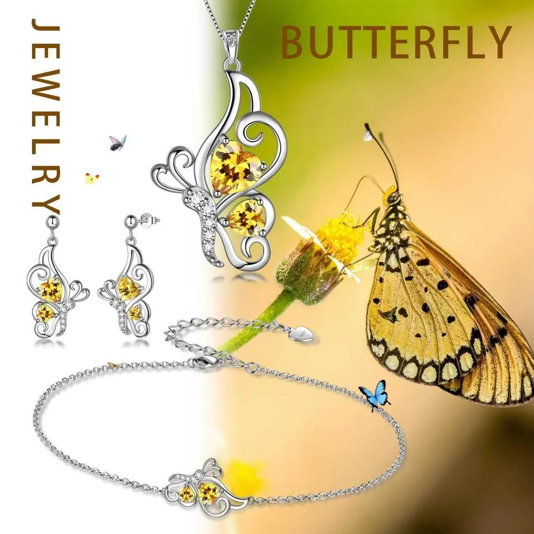 Butterfly Birthstone November Citrine Jewelry Set 4PCS Women Girls Birthday Gift