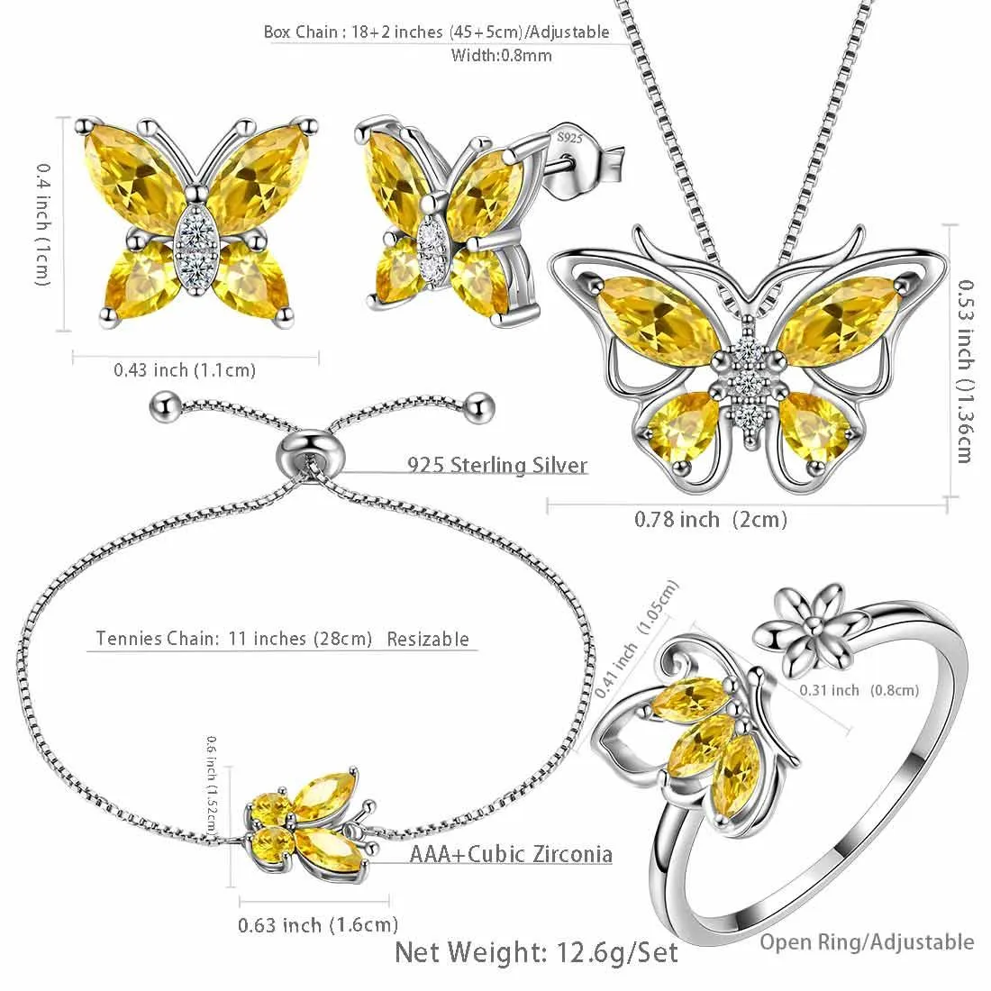 Butterfly Birthstone November Citrine Jewelry Set 5PCS Women Girls Birthday Gift