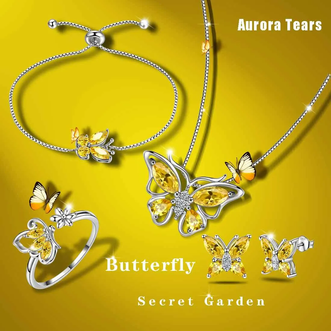 Butterfly Birthstone November Citrine Jewelry Set 5PCS Women Girls Birthday Gift