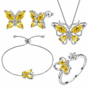 Butterfly Birthstone November Citrine Jewelry Set 5PCS Women Girls Birthday Gift