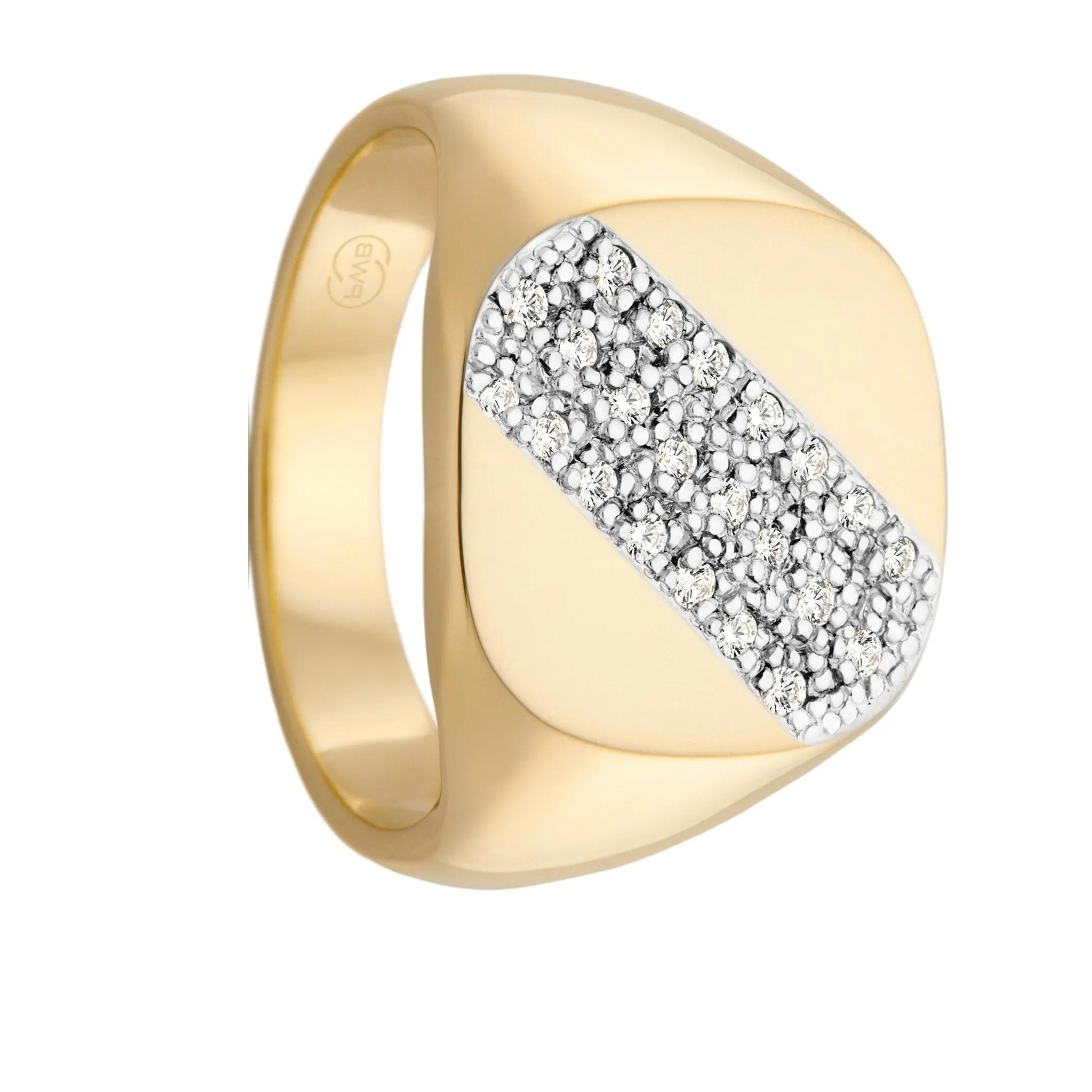 Circular Gold Signet Ring with Diagonal Diamonds