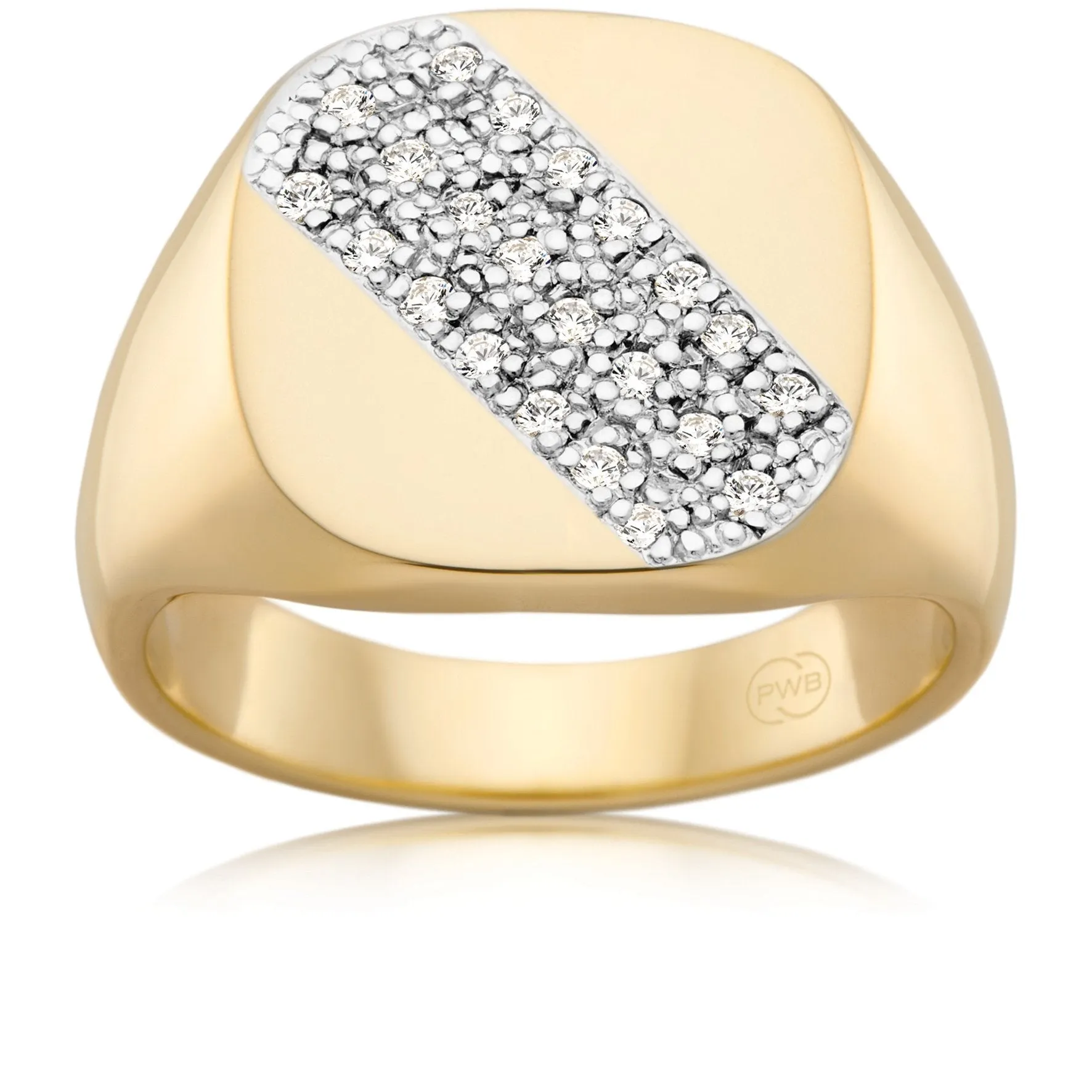 Circular Gold Signet Ring with Diagonal Diamonds