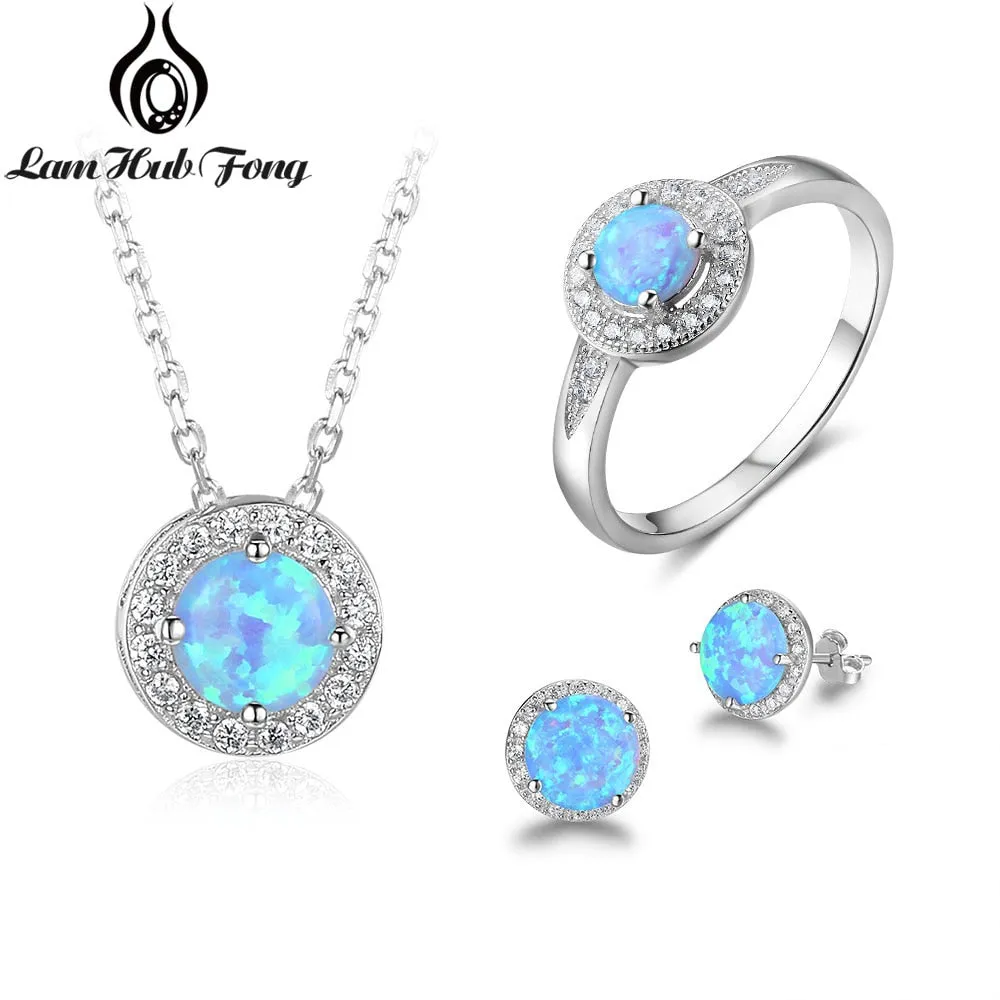 Classic Jewelry Sets Cubic Zirconia Blue Opal Pendant Necklace Earrings Ring Sets Wedding Jewelry (Lam Hub Fong)