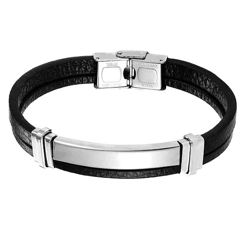 Classy Men Silver Bar Leather Bracelet