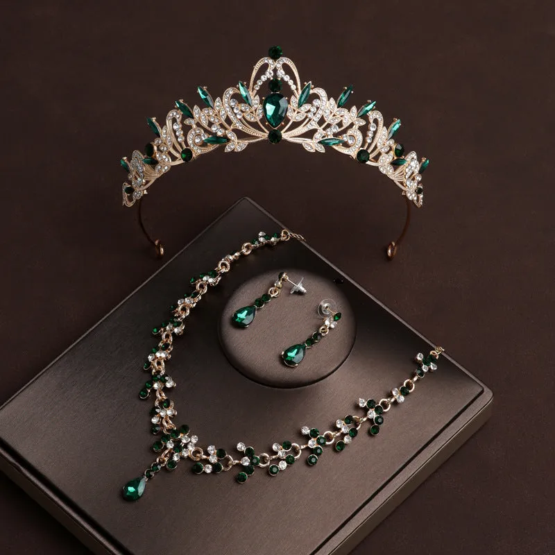 Crown Tiara Green Diamond Attractive Wedding Jewelry Three-piece Set 18-Year-Old Female Coming-of-age Ceremony Birthday Gift Crown