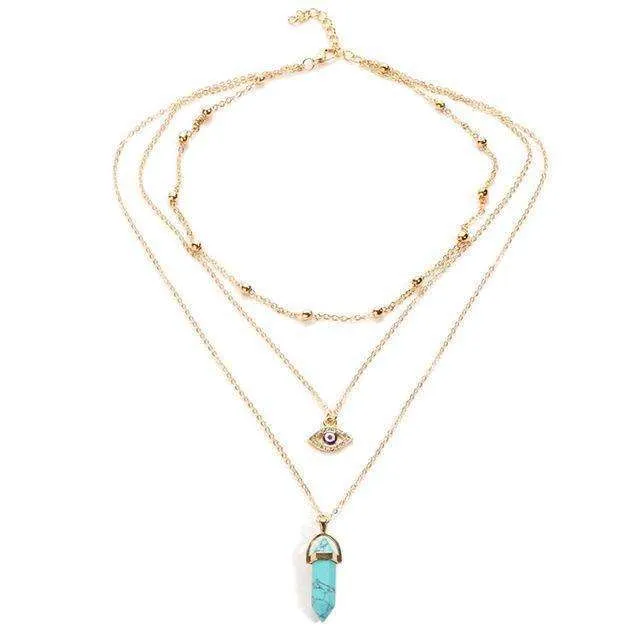 Crystal Stone & Eye 👁 Multilayer Lariat Necklace