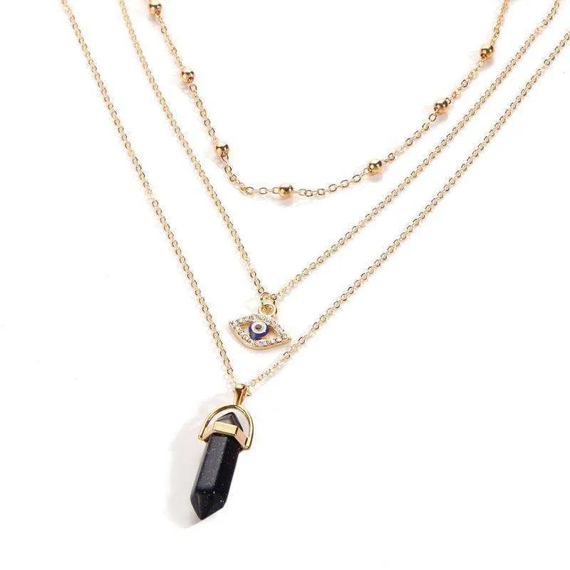 Crystal Stone & Eye 👁 Multilayer Lariat Necklace