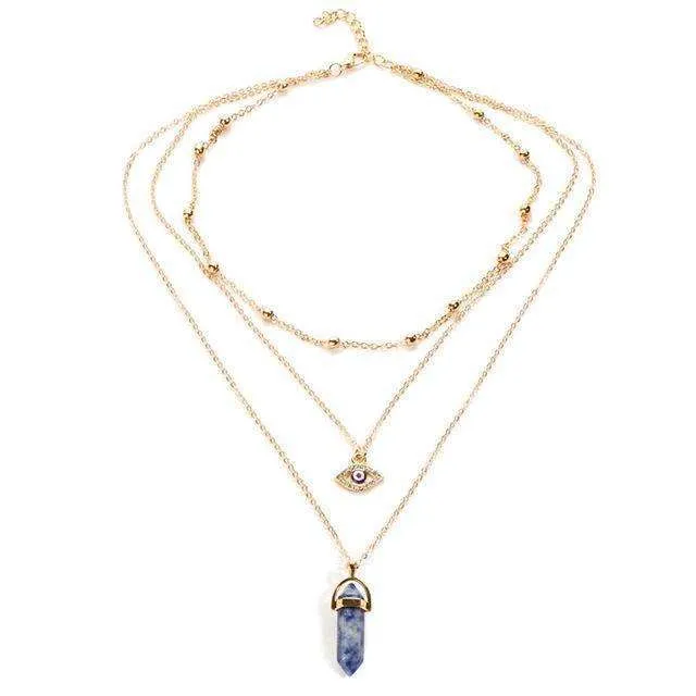 Crystal Stone & Eye 👁 Multilayer Lariat Necklace