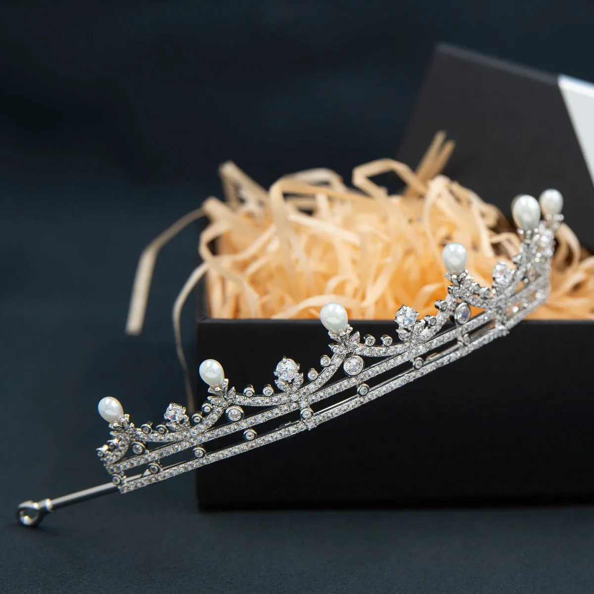 Cubic Zirconia Tiara for Wedding,Pearls Crystal Tiaras Diadem for Bridal CH10373