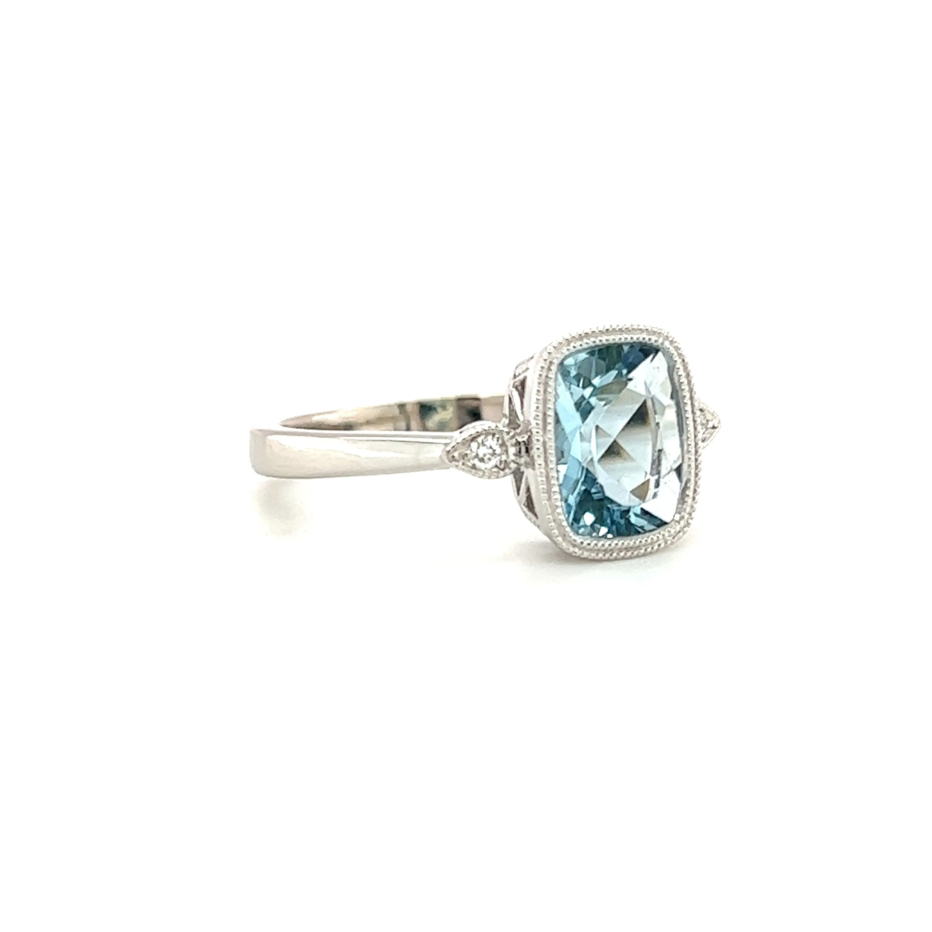 Cushion Aquamarine Ring with Side Diamonds and Milgrain in 14K White Gold