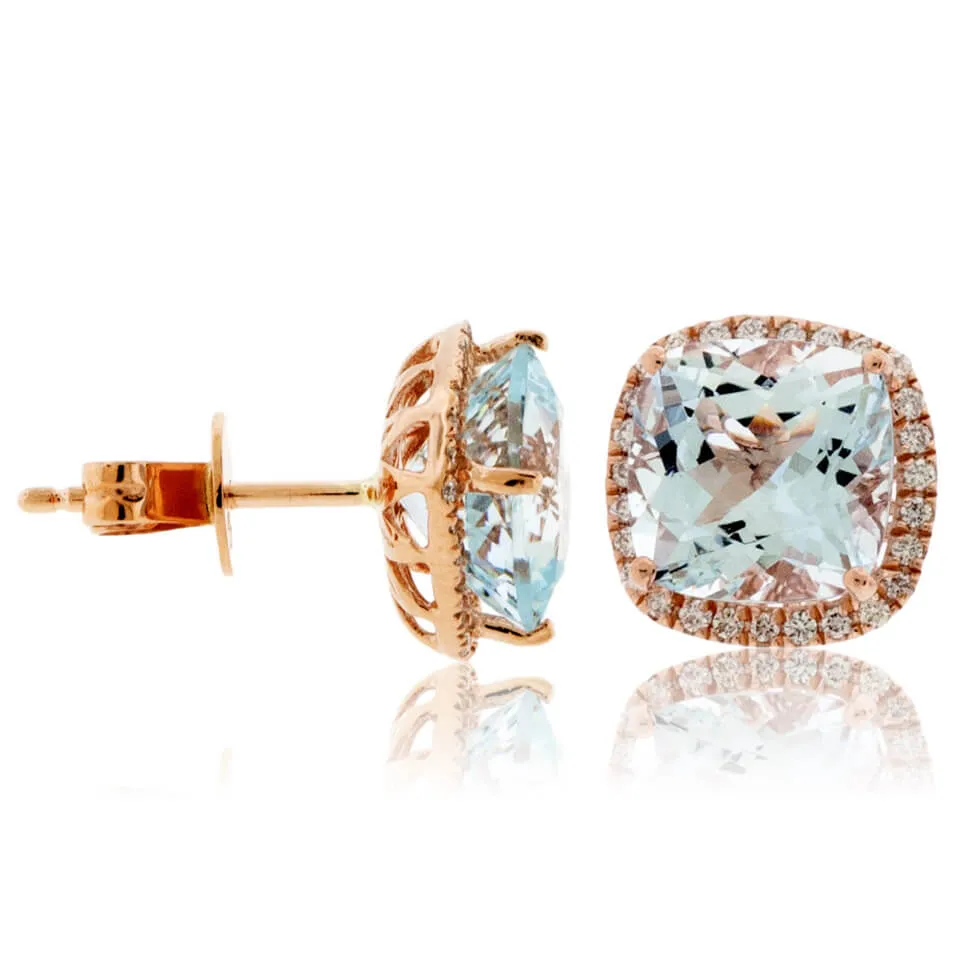 Cushion-Cut Aquamarine and Diamond Halo Stud Earrings