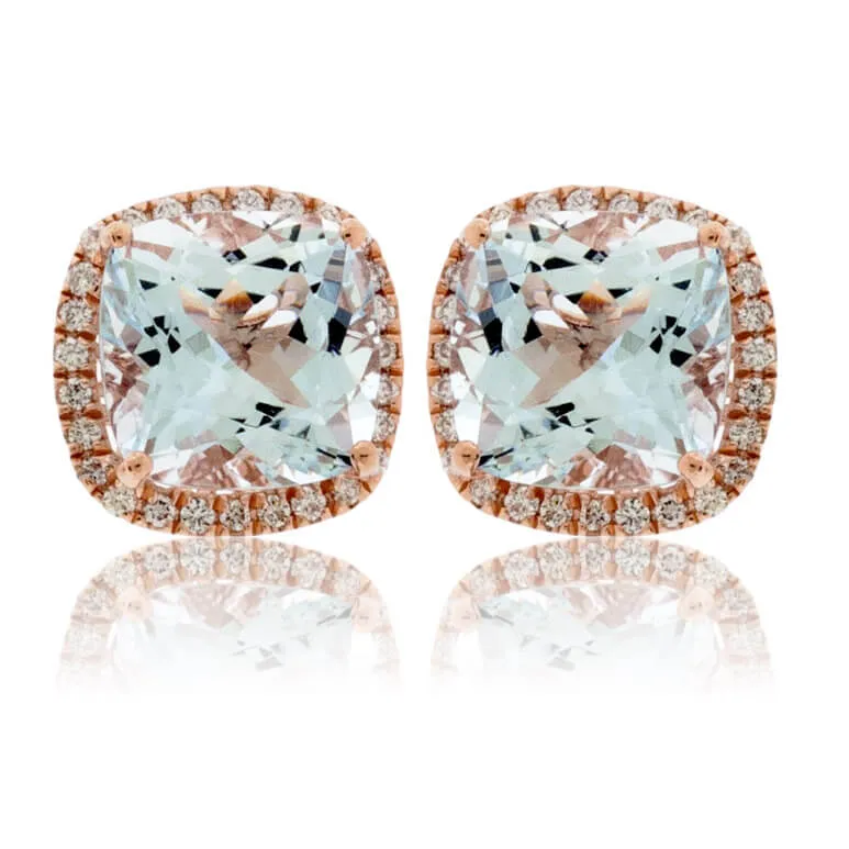 Cushion-Cut Aquamarine and Diamond Halo Stud Earrings