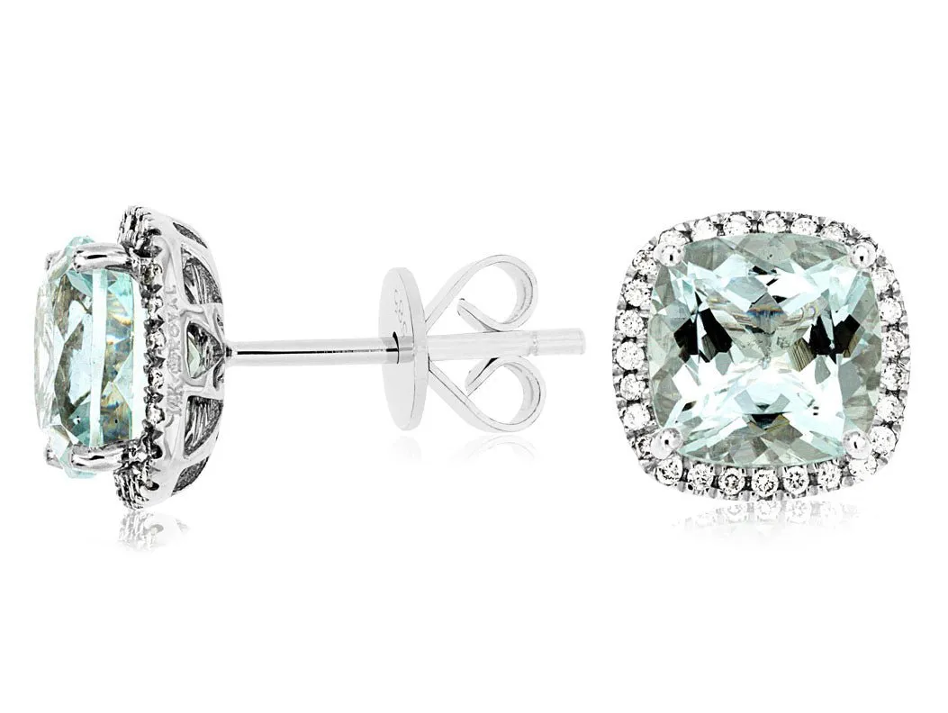 Cushion-Cut Aquamarine and Diamond Halo Stud Earrings