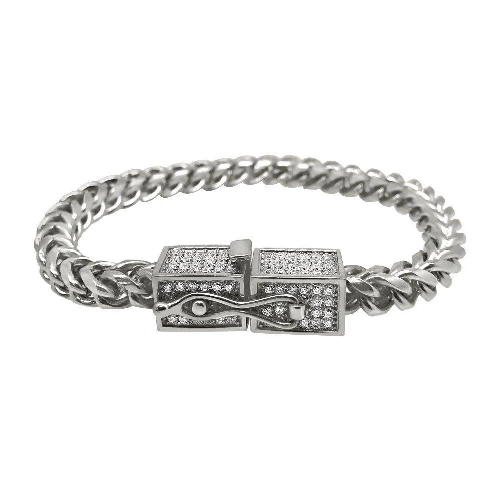 CZ Box Clasp Triple Lock Stainless Steel Franco Bracelet