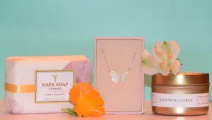 Deluxe Gift Set | Opal Butterfly Necklace   Napa Valley Soap   Candle