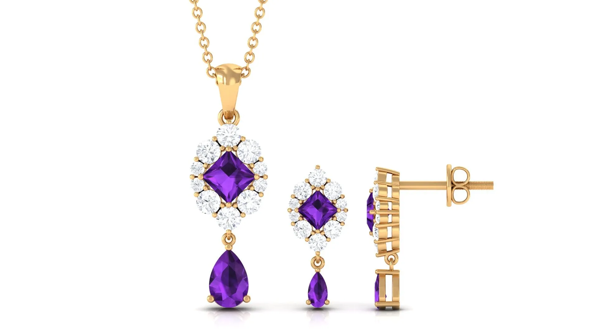 Designer Amethyst and Moissanite Dangle Pendant and Earrings Set