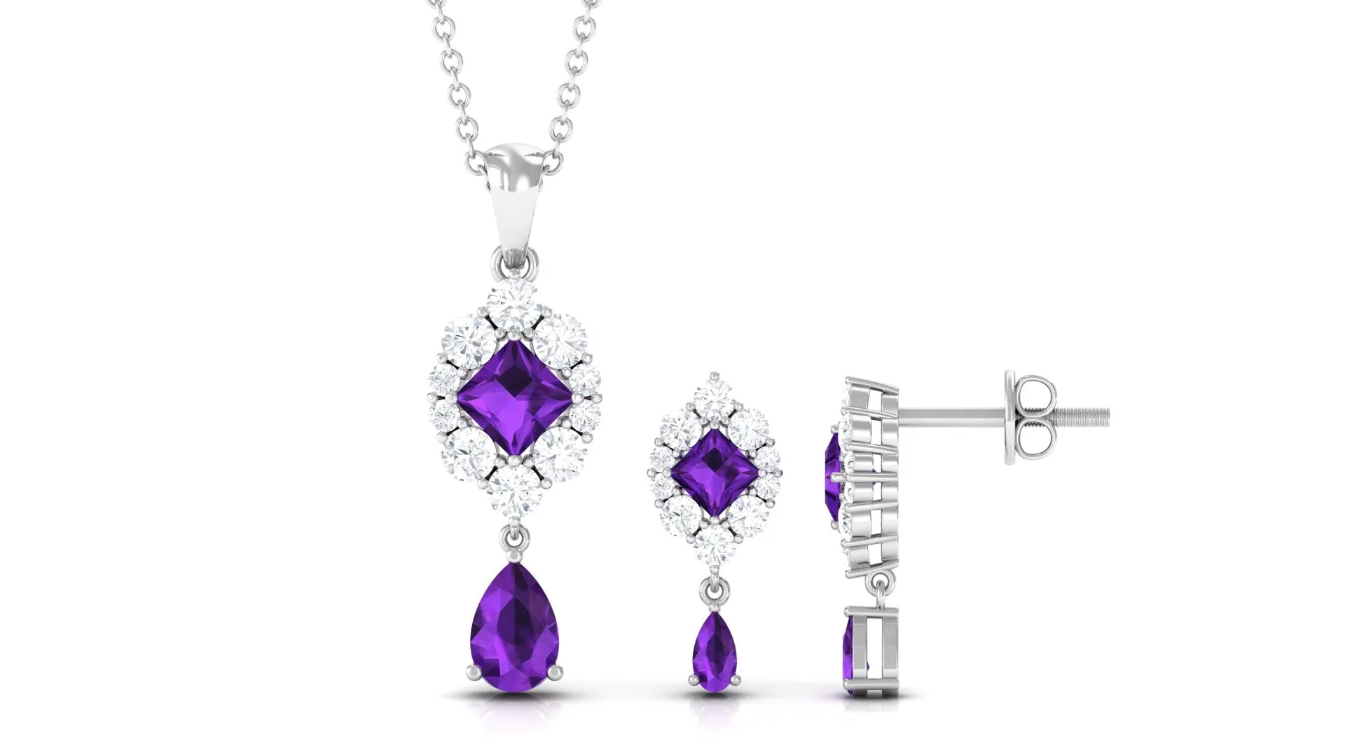 Designer Amethyst and Moissanite Dangle Pendant and Earrings Set