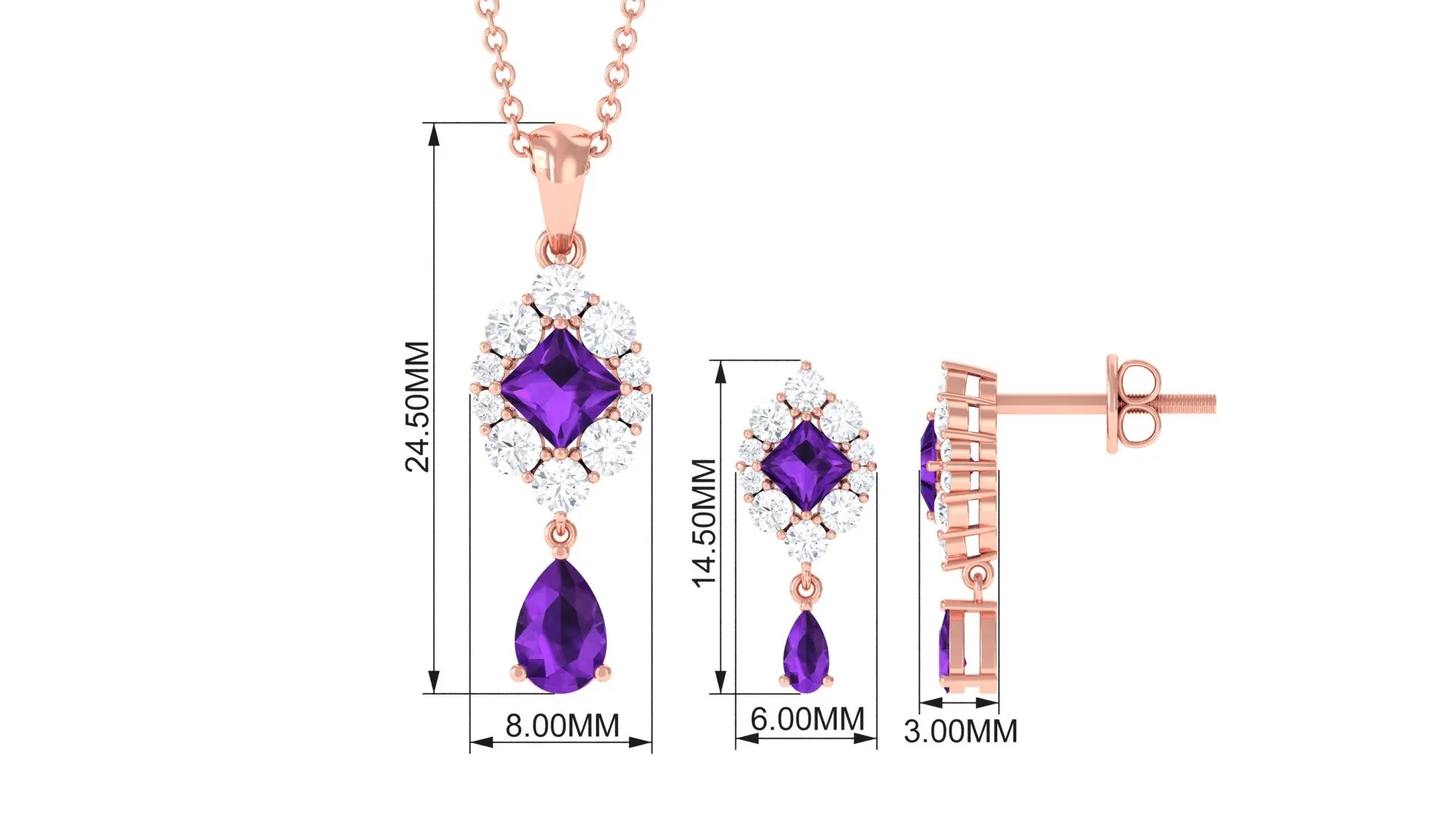 Designer Amethyst and Moissanite Dangle Pendant and Earrings Set