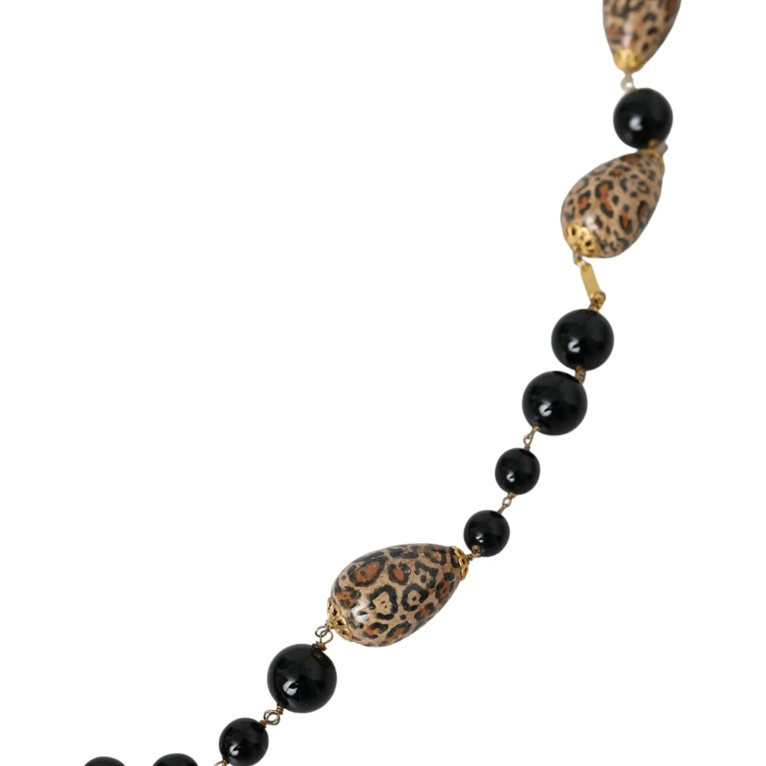 Dolce & Gabbana Gold Tone Brass Black Printed Beaded Long Chain Necklace