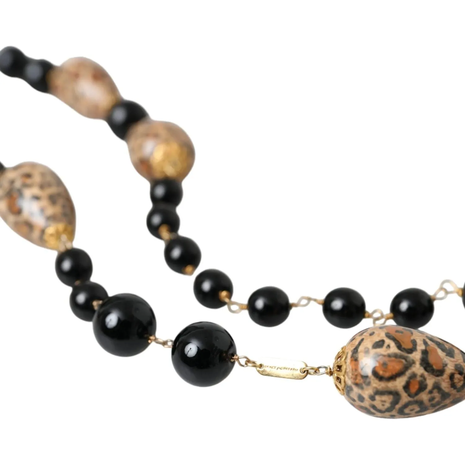 Dolce & Gabbana Gold Tone Brass Black Printed Beaded Long Chain Necklace