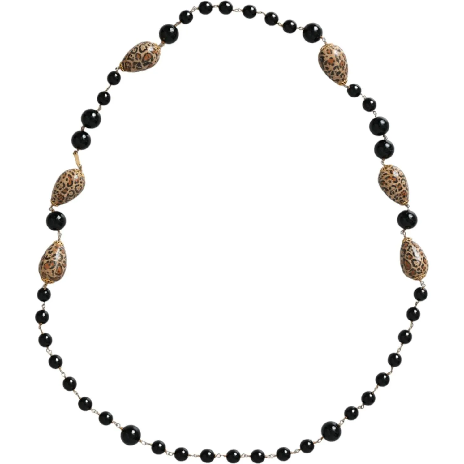 Dolce & Gabbana Gold Tone Brass Black Printed Beaded Long Chain Necklace