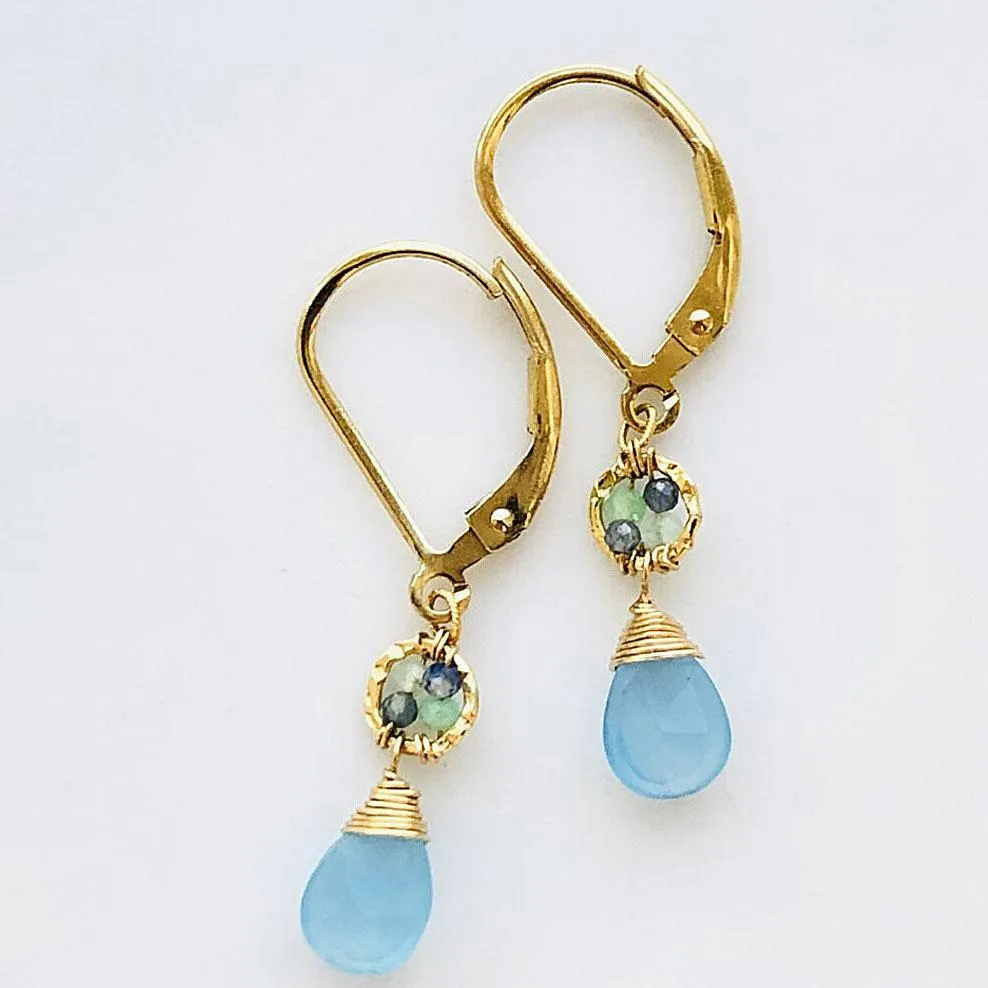 Earrings 5083 with Green Opal Australian Sapphire Beads and Blue Chalcedony Drops by Michelle Pressler Jewelry