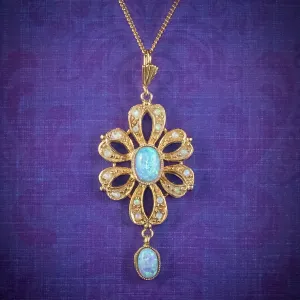 Edwardian Style Opal Pendant Necklace Silver 18ct Gold Gilt