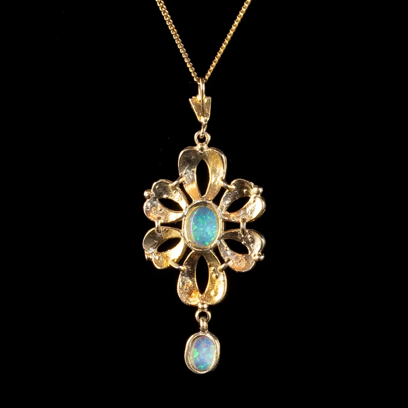 Edwardian Style Opal Pendant Necklace Silver 18ct Gold Gilt