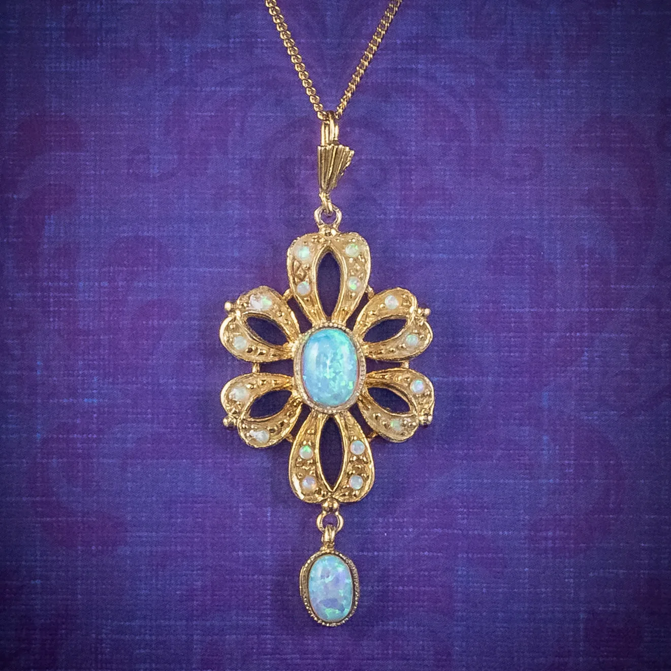 Edwardian Style Opal Pendant Necklace Silver 18ct Gold Gilt