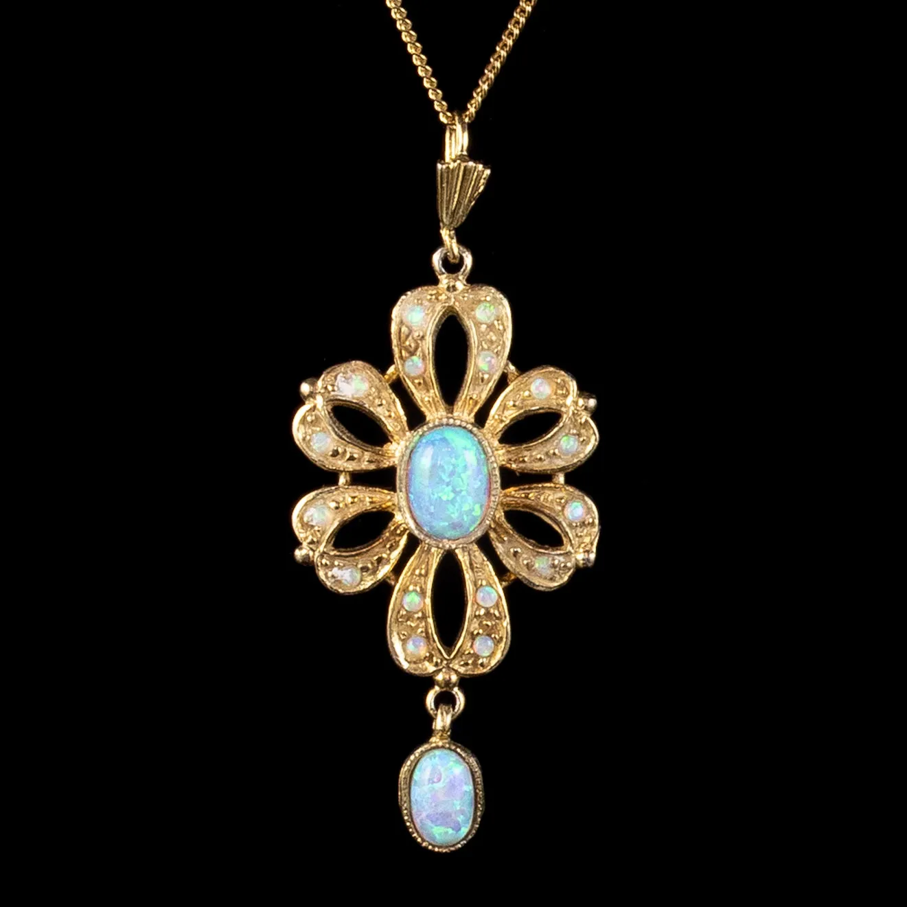 Edwardian Style Opal Pendant Necklace Silver 18ct Gold Gilt