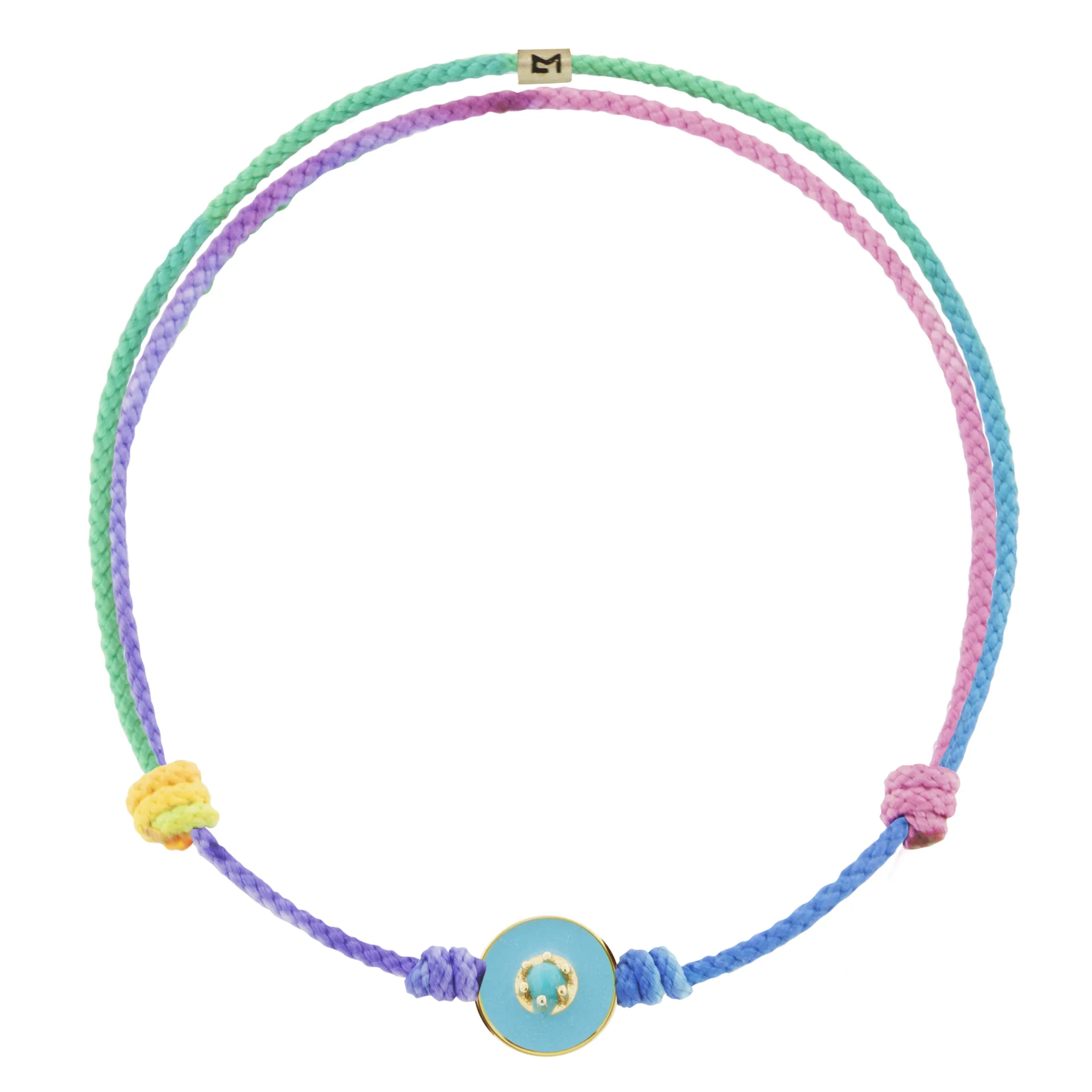 Enameled Gemstone Evil Eye Disk on Rainbow Cord Bracelet