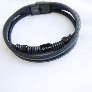 Engraving Personalized Leather Men Black Bracelet