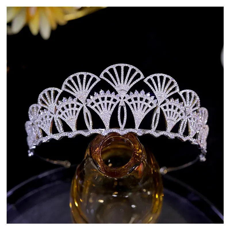 Fan-shaped Cubic Zirconia Tiaras Princess Crown Wedding Pageant Accessory