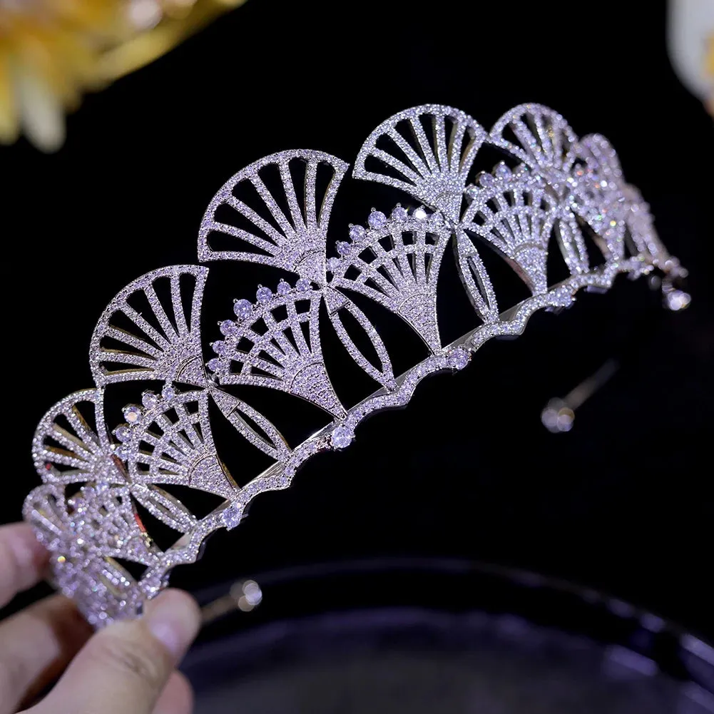 Fan-shaped Cubic Zirconia Tiaras Princess Crown Wedding Pageant Accessory