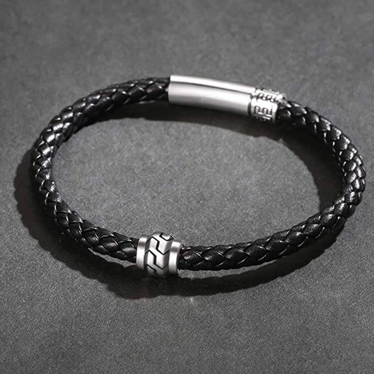 FANCIME PATH Mens Leather Sterling Silver Bracelet