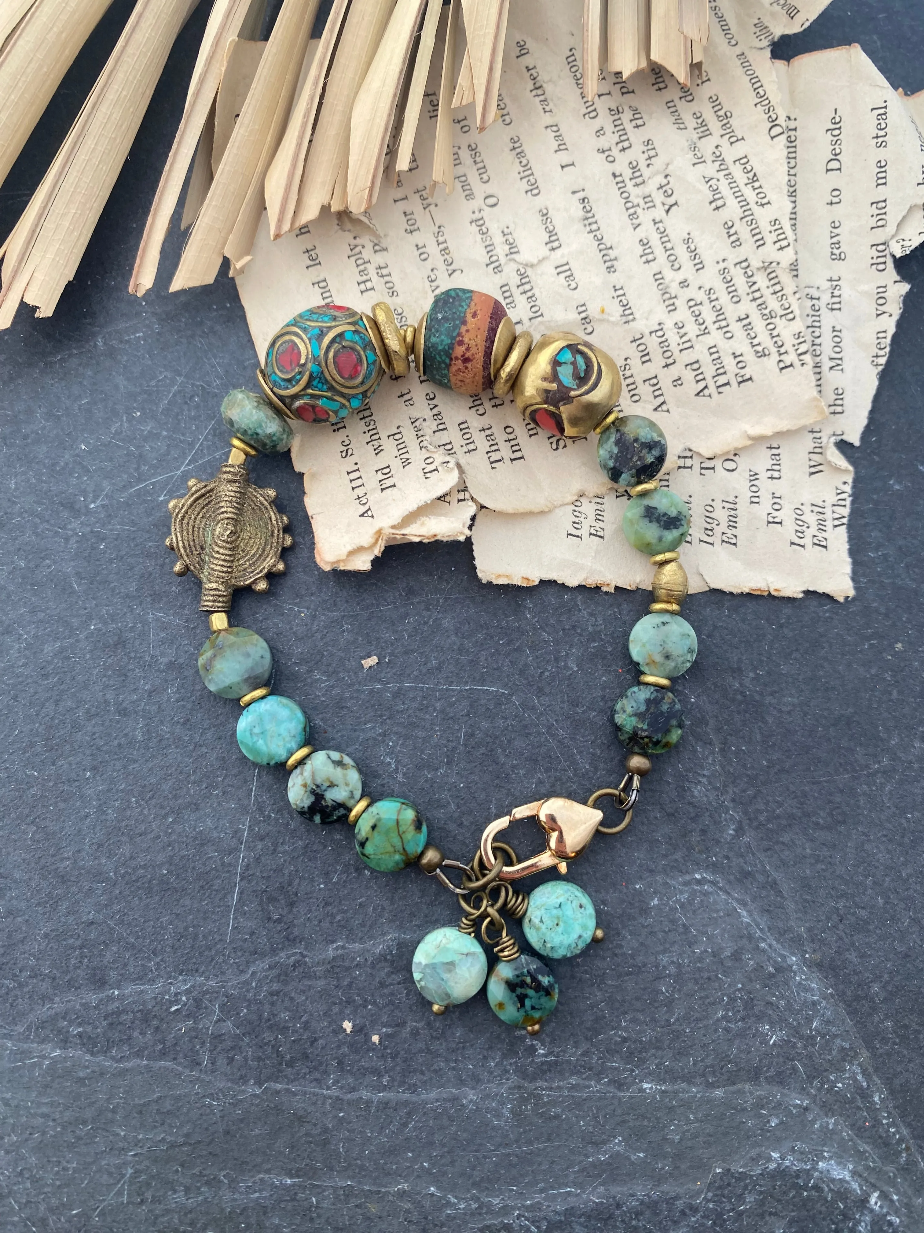 Green turquoise, african brass, nepal beads, lampwork glass, bracelet.