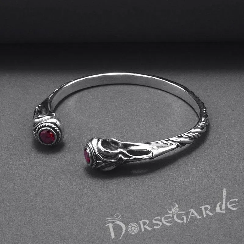 Handcrafted Gemmed Raven Skull Torc Bracelet - Sterling Silver