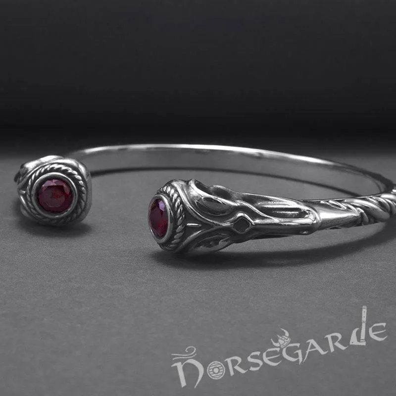 Handcrafted Gemmed Raven Skull Torc Bracelet - Sterling Silver