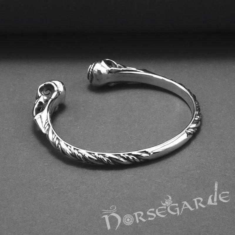 Handcrafted Gemmed Raven Skull Torc Bracelet - Sterling Silver