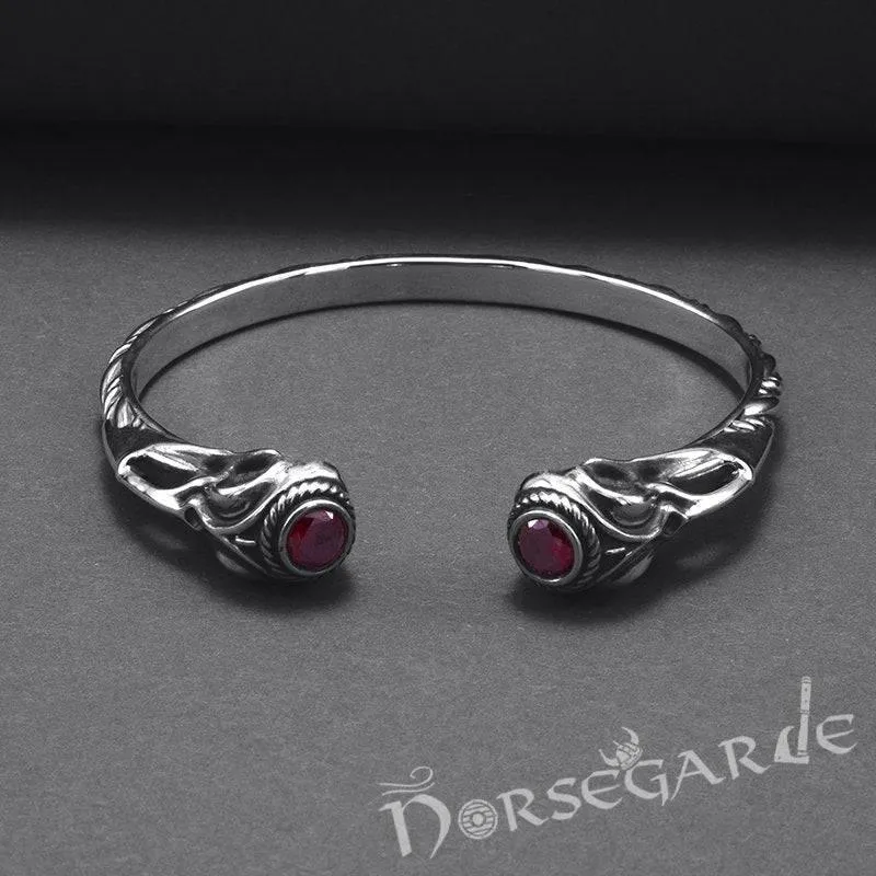 Handcrafted Gemmed Raven Skull Torc Bracelet - Sterling Silver