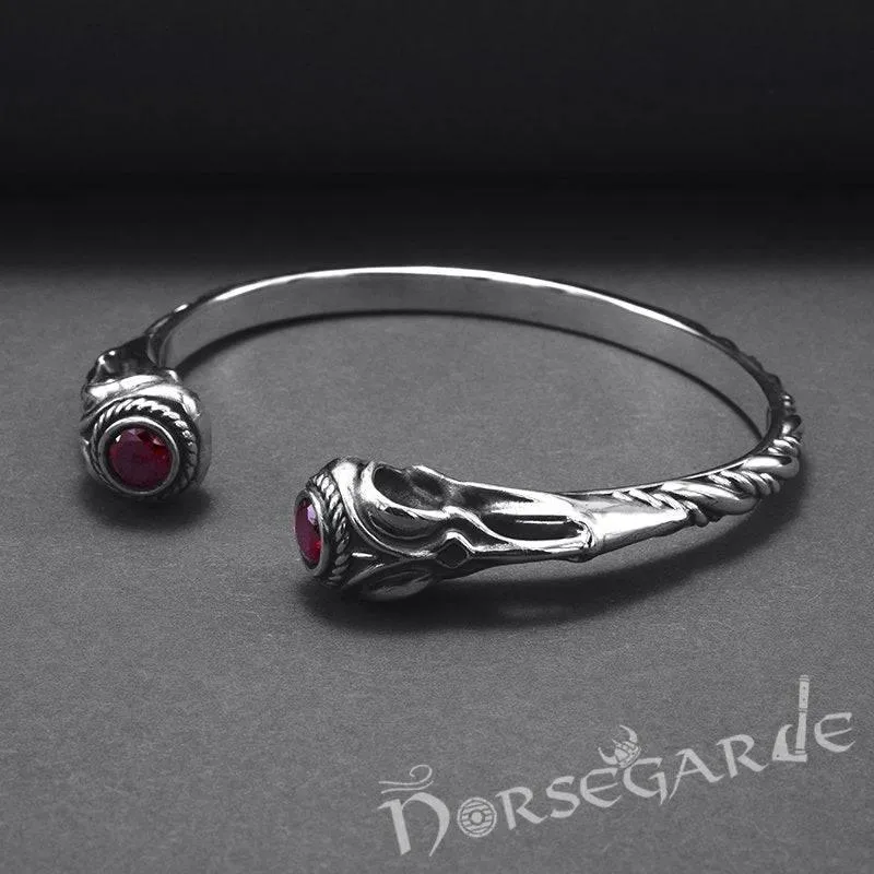 Handcrafted Gemmed Raven Skull Torc Bracelet - Sterling Silver