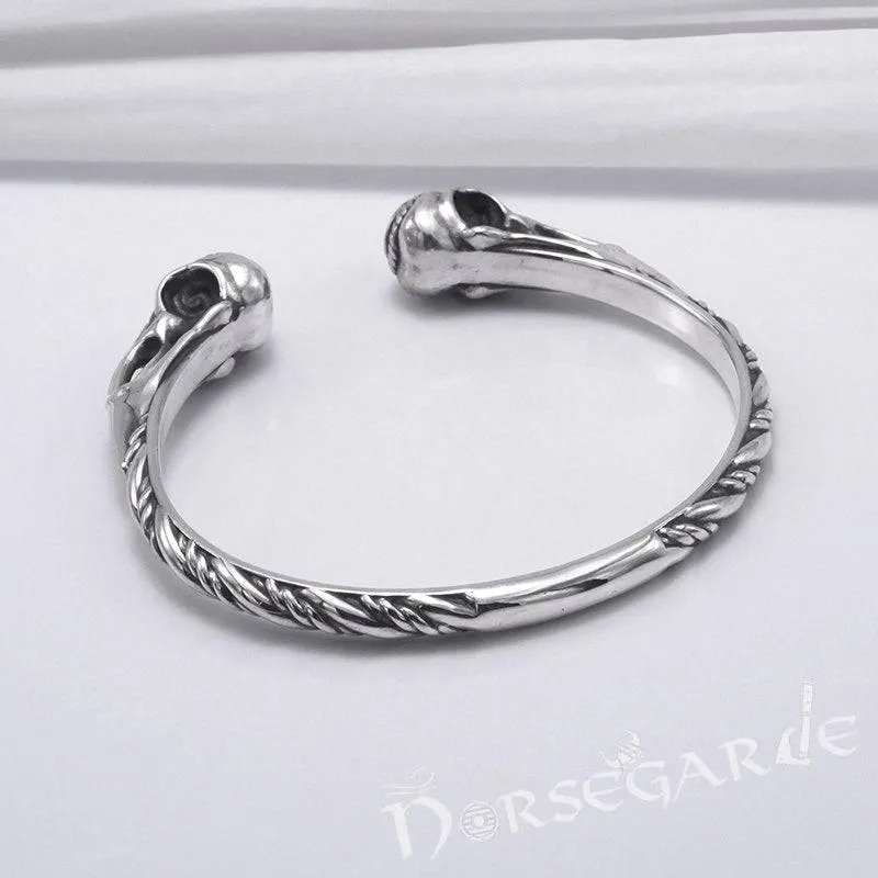 Handcrafted Gemmed Raven Skull Torc Bracelet - Sterling Silver