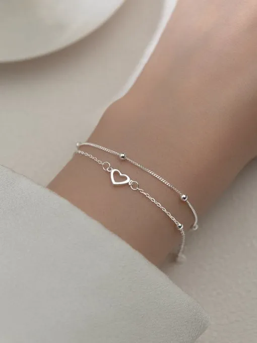 Heart Bracelet, .925 Sterling Silver Double Strand  2:1 Love Daily Bracelet