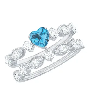 Heart Shape Swiss Blue Topaz and Moissanite Stackable Ring Set