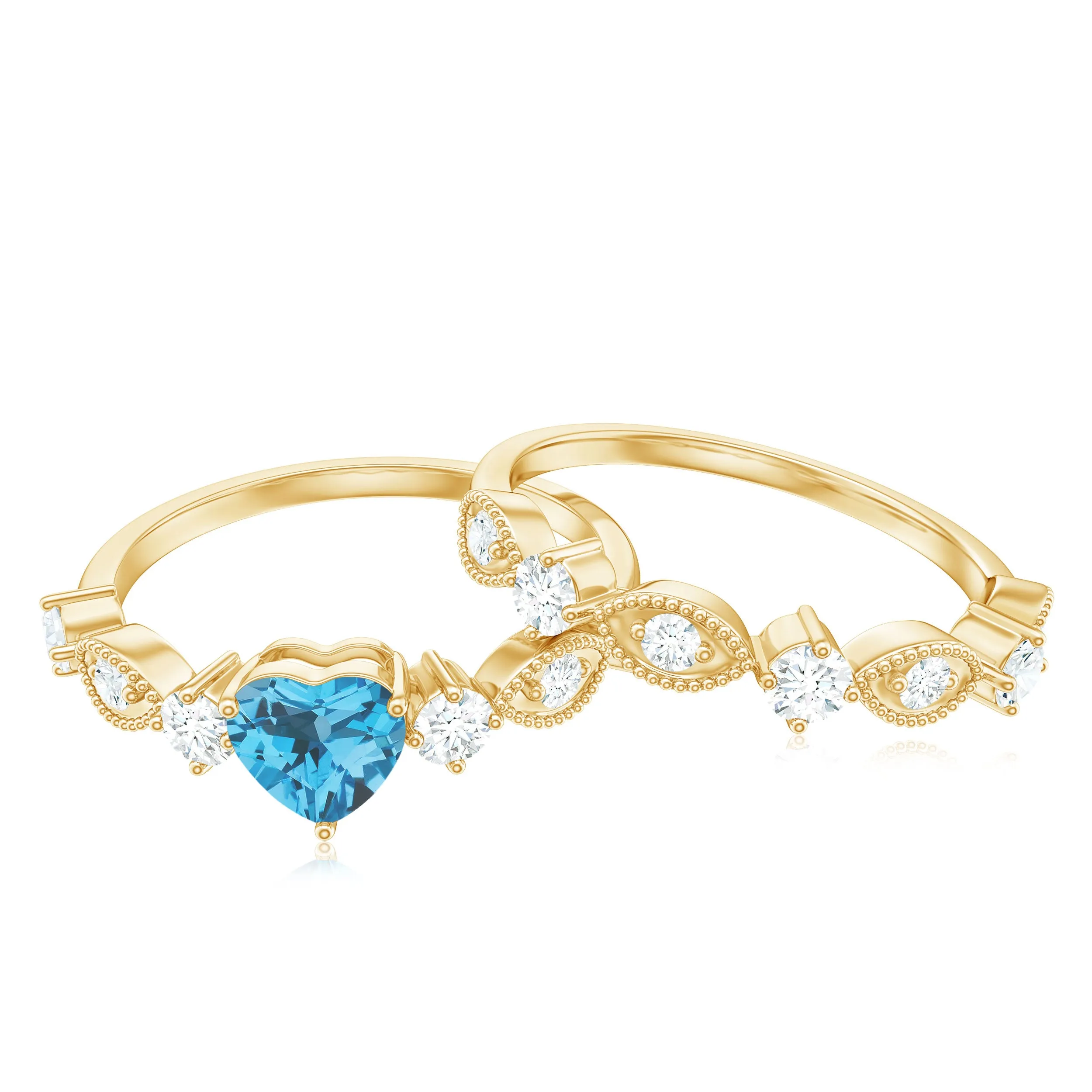 Heart Shape Swiss Blue Topaz and Moissanite Stackable Ring Set