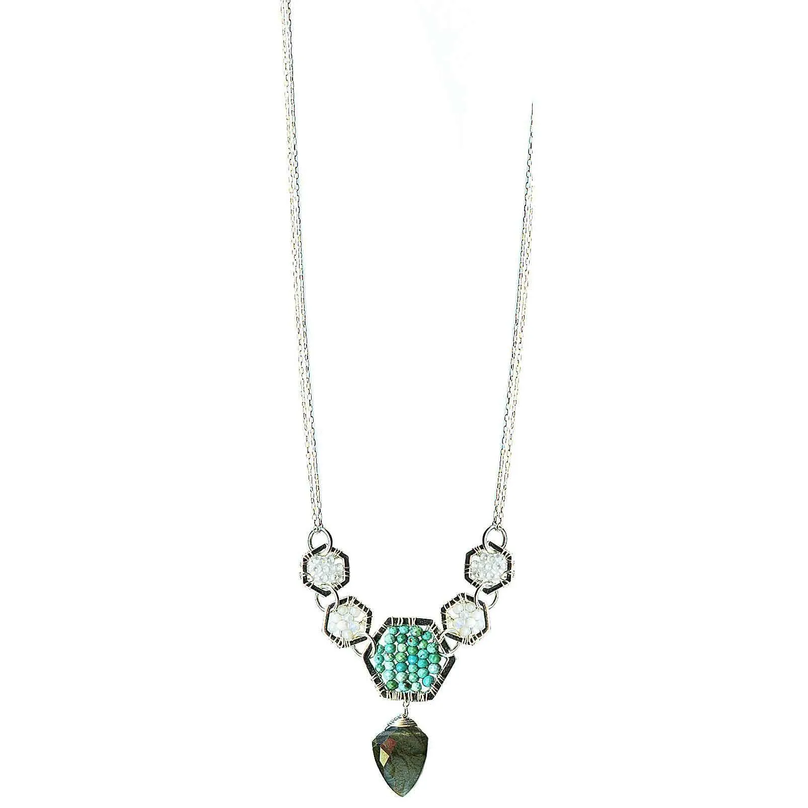 Hexagon Necklace 4915 with White Natural Zircon Australian Opal Turquoise and Labradorite by Michelle Pressler Jewelry