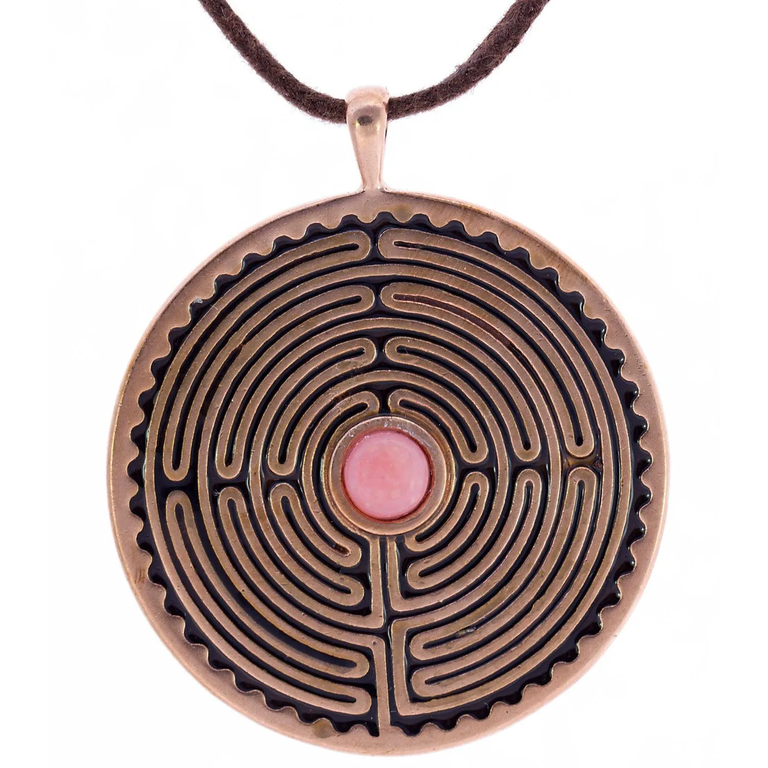 Labyrinth Peace Bronze Pendant Necklace with 6mm Pink Opal Gemstone on Adjustable Natural Fiber Cord (Wholesale)