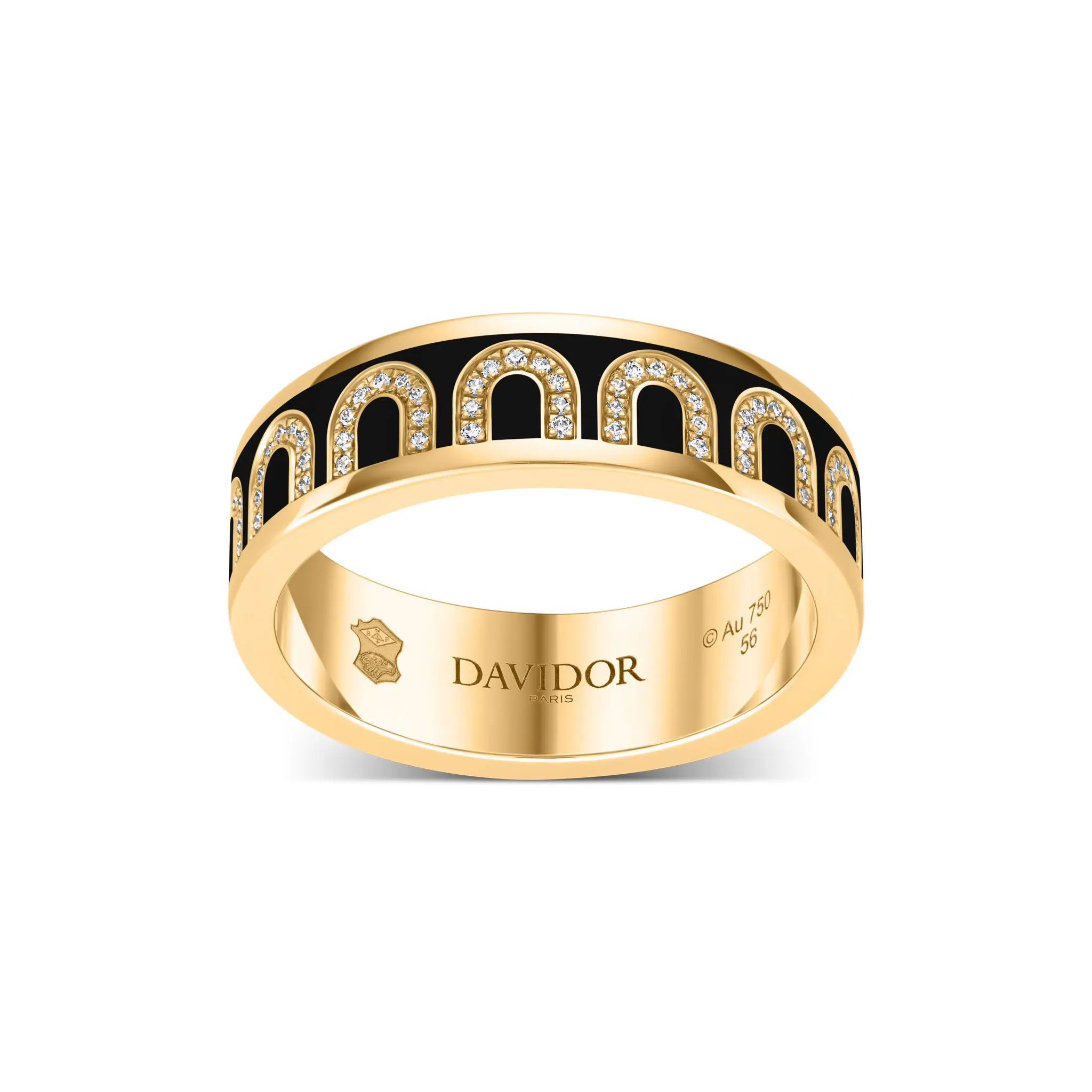 L'Arc de DAVIDOR Ring MM, 18k Yellow Gold with Caviar Lacquered Ceramic and Arcade Diamonds