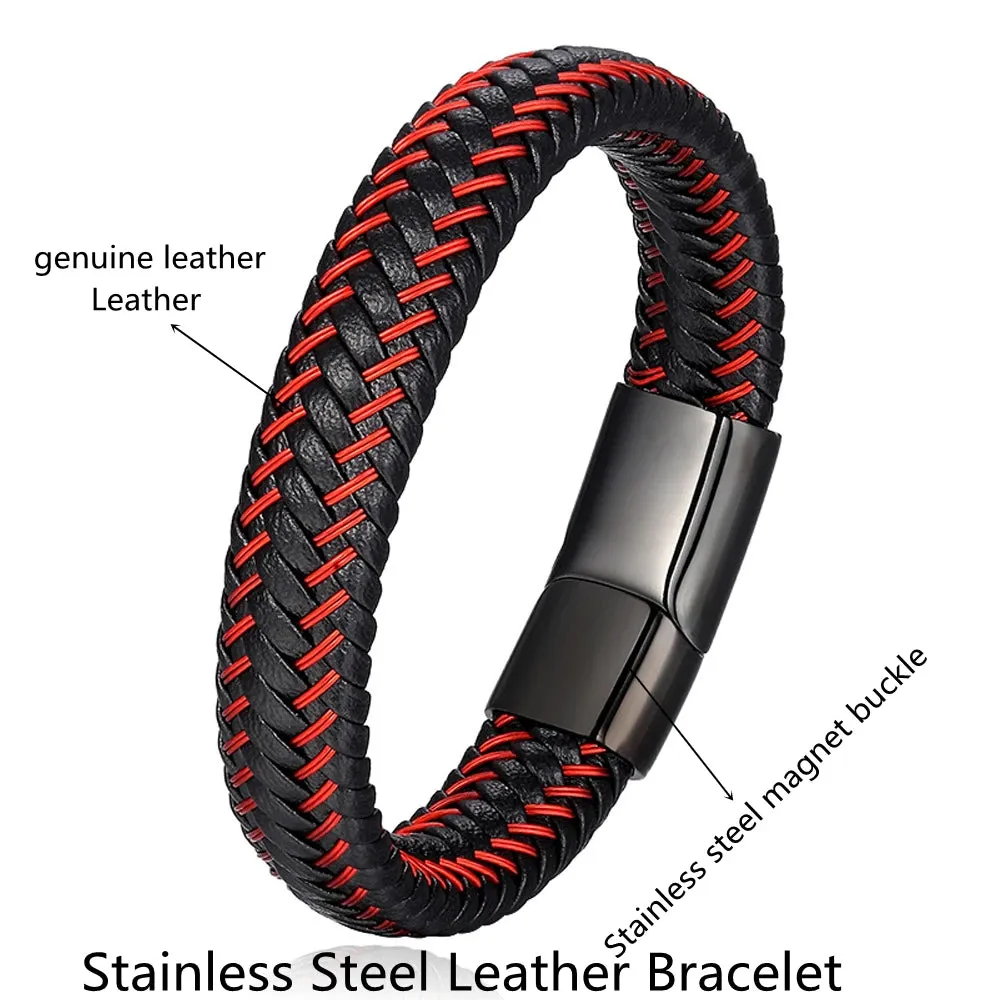 Leather Rope Bracelet Stainless Steel Leather Braided Bracelet Leather Bracelet Red Bracelet Men's Leather Jewelry